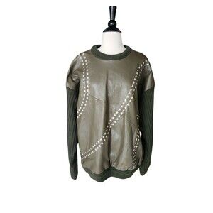 Bagazio Leather Sweater Men's Large Vintage 90s Hip Hop Olive Green Streetwear